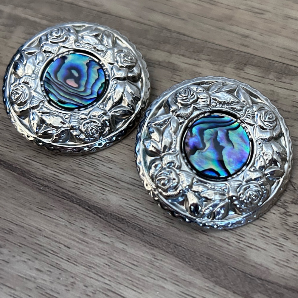 Butler Silvertone floral rose Abalone shell Button pierced ear boho hippie - Picture 5 of 7